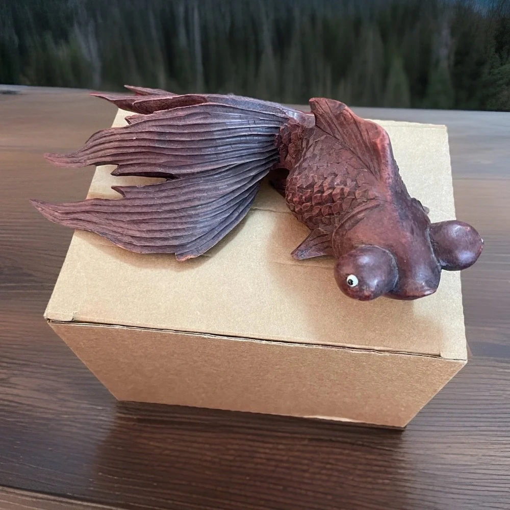 Hand Carved Wood Goldfish Figurine Bubble Eye Sculpture Brown Nautical Decor